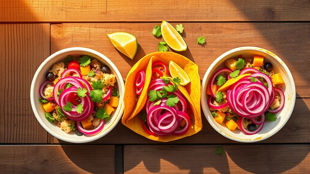 Overhead flat lay of three colorful taco bowls topped with pickled red onion rings, cilantro, and lime wedges on a rustic wooden table with warm golden sunlight