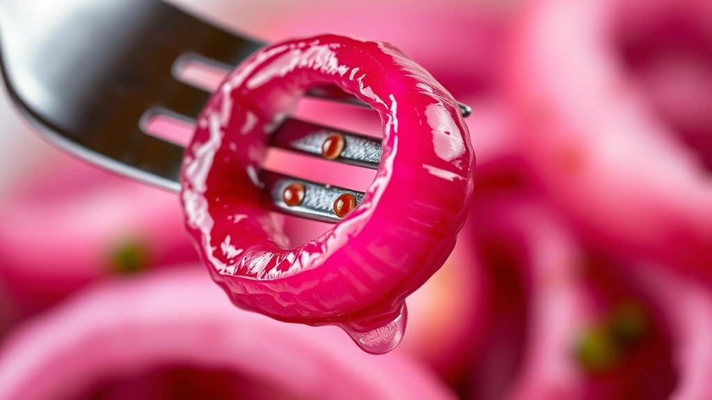 Close-up macro shot of a fork picking up a single glistening pickled onion ring dripping with brine, showcasing the tender texture and deep crimson color, shallow depth of field