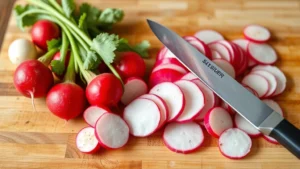 Fresh red and white radishes being sliced thinly with a sharp knife on a wooden cutting board, showing the vibrant colors and crisp texture of raw radishes