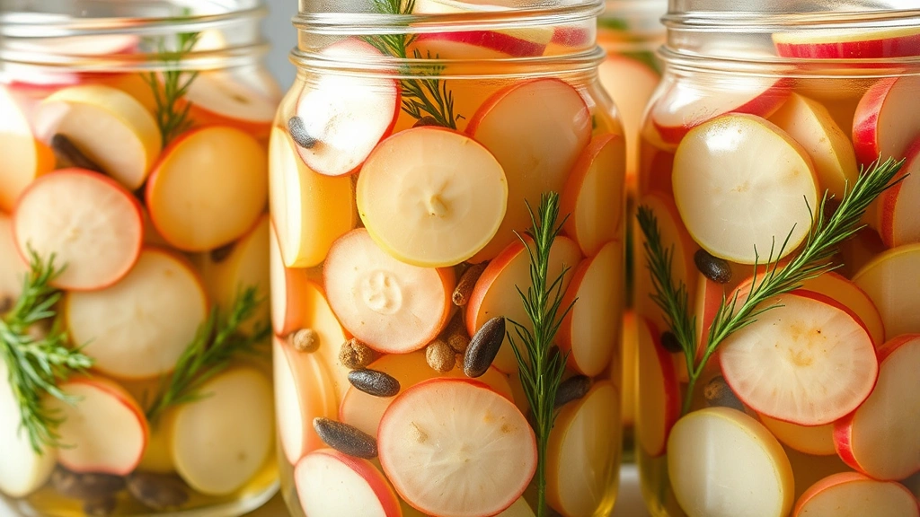 Glass jars filled with pickled radish slices submerged in clear vinegar brine with visible mustard seeds, peppercorns, and fresh dill sprigs, showing the pickling process in progress