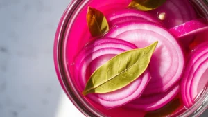 Close-up overhead shot of vibrant deep purple and pink sliced red onions in a clear glass jar with translucent pickling liquid, fresh bay leaves and mustard seeds visible, bright natural light creating a glossy sheen on the liquid, white marble or wood surface background, shallow depth of field