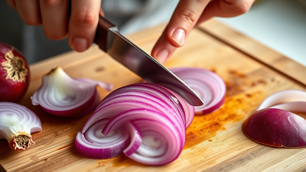 Hands carefully slicing a fresh red onion into thin uniform half-moons on a wooden cutting board using a sharp knife, papery red onion skin visible nearby, bright kitchen lighting highlighting the translucent layers of onion, close-up food photography style
