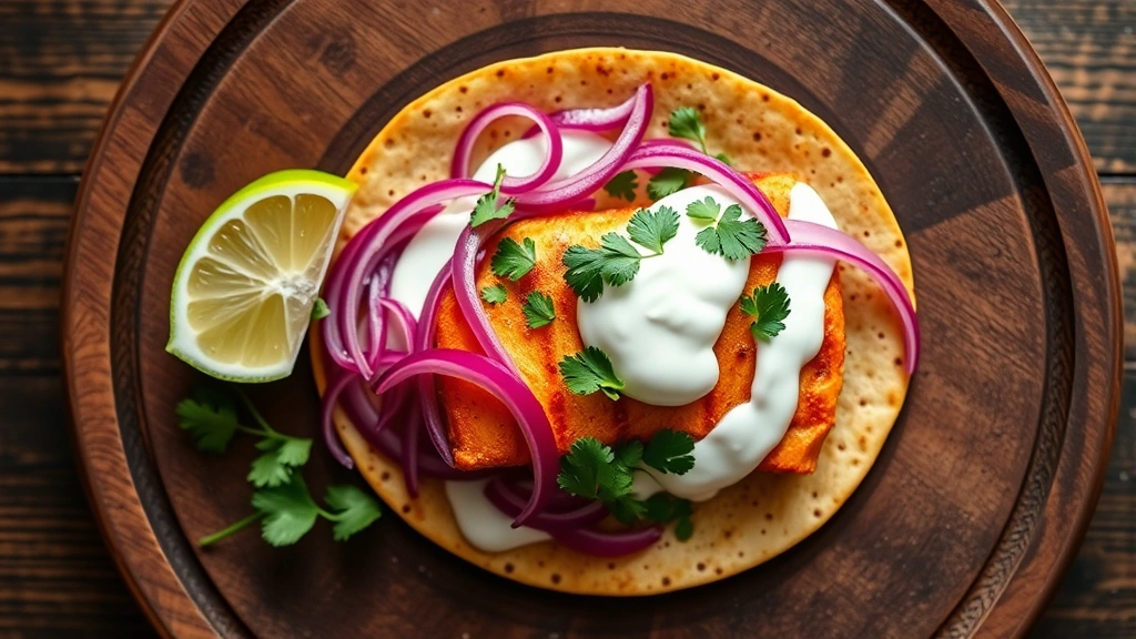 Overhead flat lay of a colorful taco with pickled red onions as a topping alongside grilled fish, fresh cilantro, lime wedge, and creamy white sauce on a rustic wooden plate, vibrant purple onions contrasting with golden fish, natural window lighting, appetizing food styling