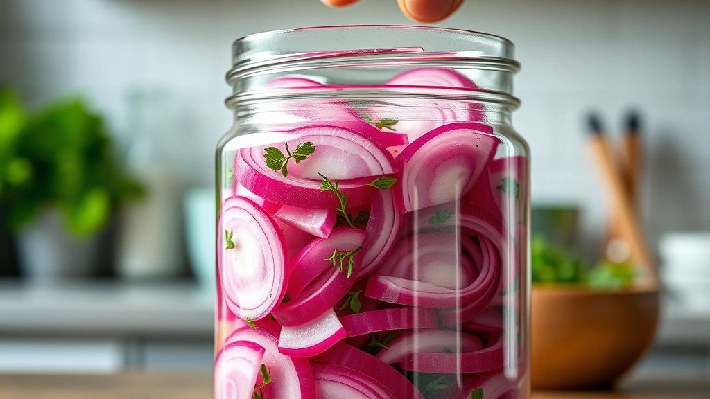 Close-up of sliced red onions being layered into a clear glass jar with fresh herbs and spices scattered between layers, natural daylight illuminating the vibrant magenta color of the raw onions, professional kitchen background blurred behind