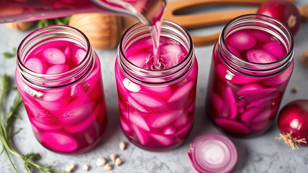 Overhead shot of three glass mason jars filled with brilliant magenta pickled red onions at different stages of pickling, showing color progression from light to deep purple, hot brine being poured into one jar with steam visible, fresh ingredients scattered around jars