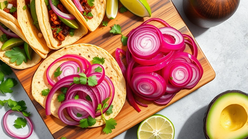 Flat lay composition showing finished pickled red onions served on a wooden board with tacos, fresh cilantro, lime wedges, and avocado nearby, vibrant magenta onions glistening in natural light, showcasing serving suggestions and restaurant presentation style