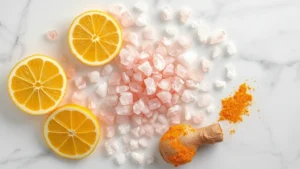Overhead flat lay of pink Himalayan salt crystals scattered on white marble surface with fresh lemon halves, ginger root, and turmeric powder arranged artfully around them, natural daylight, photorealistic, food photography style