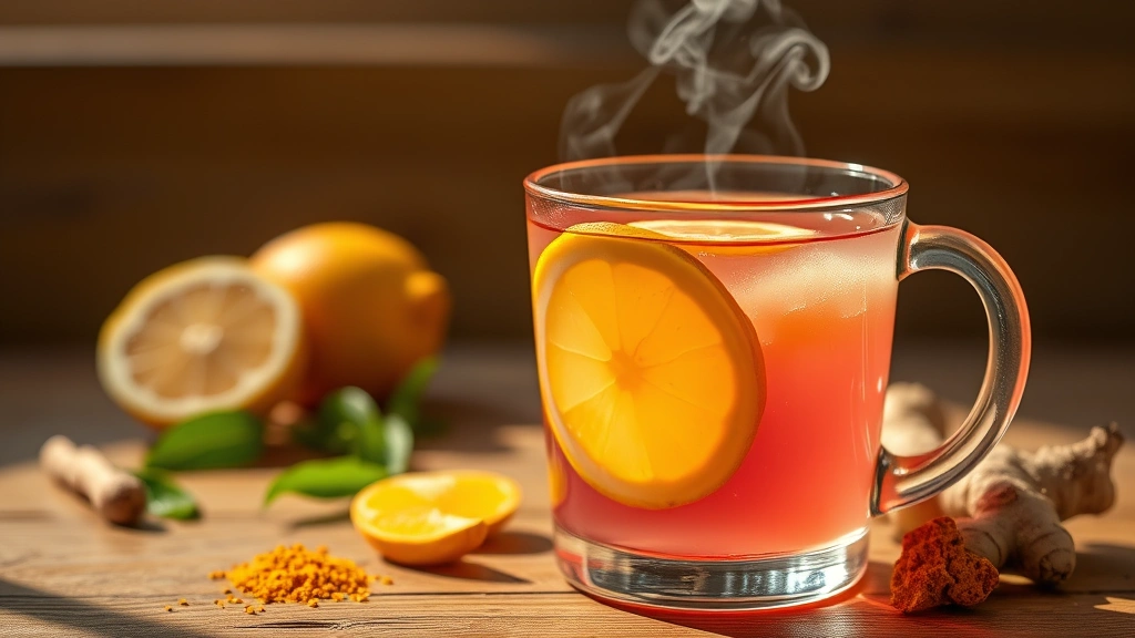 Clear glass filled with warm pink-tinted water containing fresh lemon slice, ginger slices, and turmeric creating golden hue, steam rising gently, sitting on wooden table with fresh ingredients beside it, professional food photography, warm natural lighting