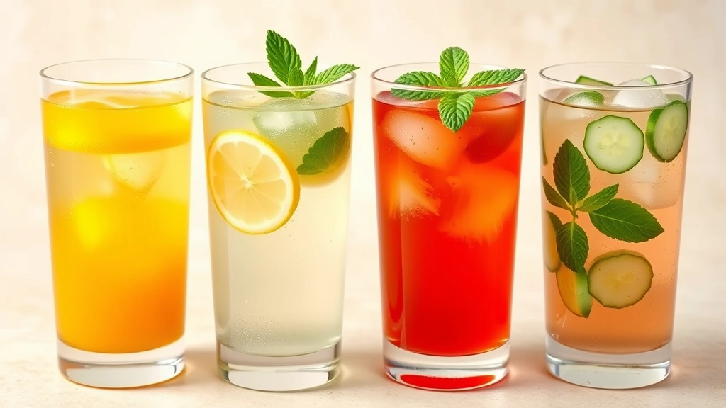 Four different clear glasses containing various pink salt detox drinks in different colors - golden ginger turmeric, pale lemon water, reddish cayenne drink, and refreshing cucumber mint infusion, arranged on neutral background, professional beverage photography style