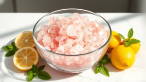 Vibrant pink Himalayan salt crystals filling a clear glass bowl, surrounded by fresh cut lemon halves, whole lemons, and bright green mint leaves on a white marble countertop with natural sunlight