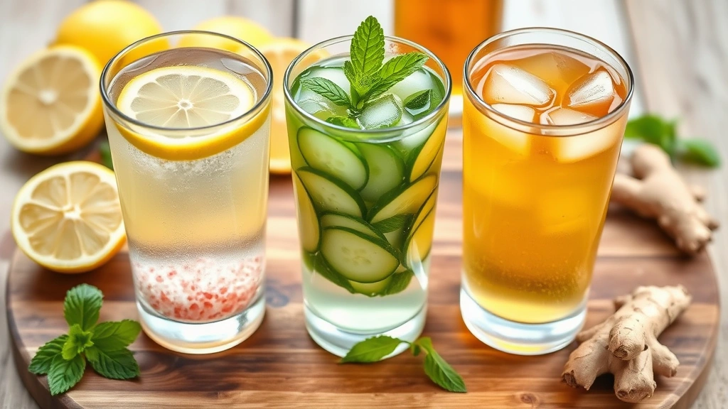 Three clear drinking glasses containing different colored detox beverages: golden lemon water with pink salt visible at bottom, green cucumber mint infusion, and amber apple cider vinegar drink, arranged on wooden board with scattered fresh ingredients including lemons, cucumbers, mint, and ginger root
