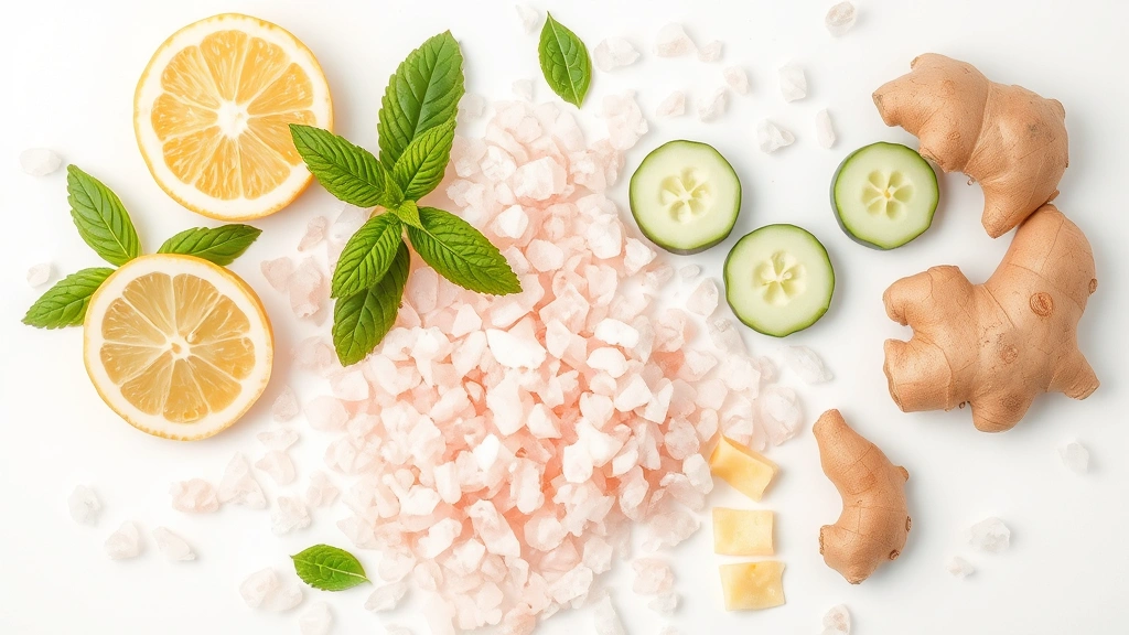 Overhead flat lay of pink Himalayan salt crystals scattered on white surface next to fresh lemon slices, mint leaves, cucumber rounds, and ginger root pieces, showing raw ingredients for making detox drinks