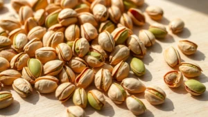 Close-up of roasted unsalted pistachios in their shells and shelled, scattered on a light wooden surface with natural sunlight creating soft shadows, vibrant green kernels clearly visible