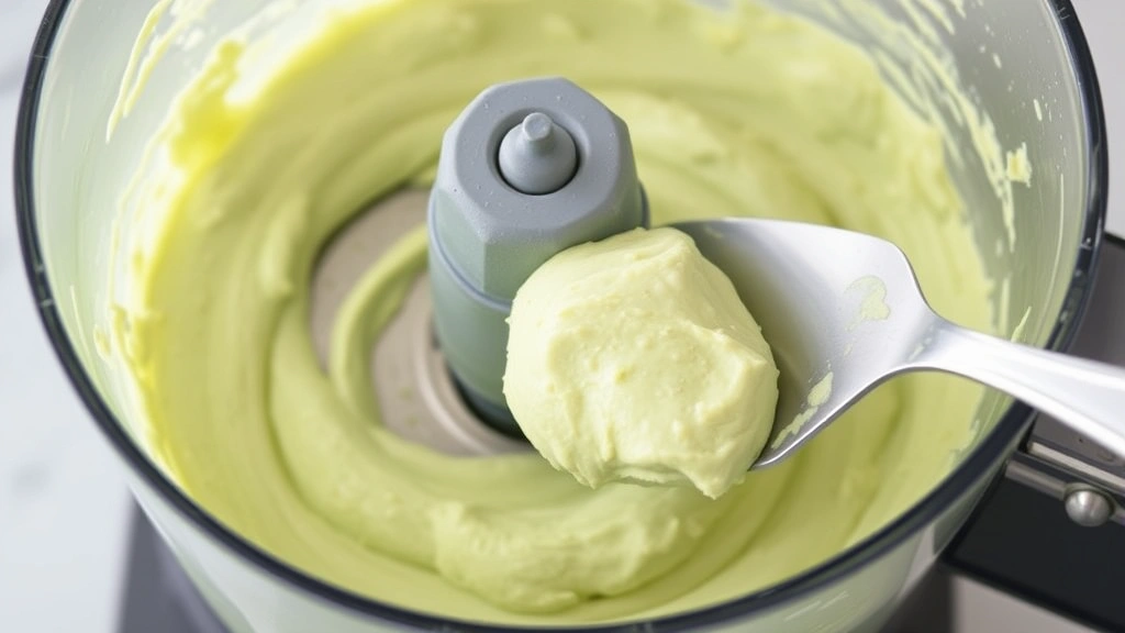 Food processor bowl filled with creamy pale green pistachio butter at the final stage of processing, spatula resting on the side, showing the smooth luxurious texture of finished pistachio cream