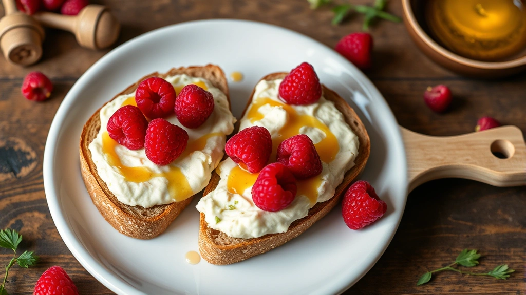 Artfully arranged serving scene with homemade pistachio cream spread on toasted whole grain bread, topped with fresh raspberries and a light honey drizzle, on a white ceramic plate with a wooden spreader