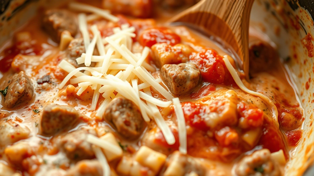 Close-up of creamy pizza dip mixture being stirred in a bowl with cooked Italian sausage, melted mozzarella cheese, and vibrant red pizza sauce, wooden spoon visible, warm and appetizing lighting.