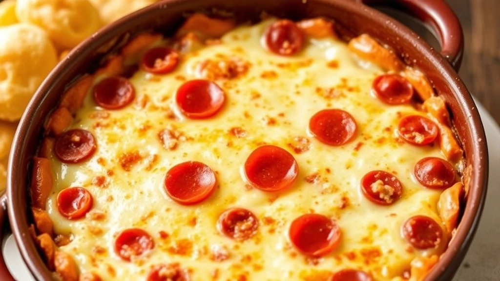 Baked pizza dip with melted cheese and pepperoni toppings in a ceramic baking dish, golden brown and bubbly, served fresh from the oven with breadsticks on the side.