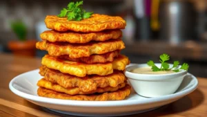 Golden-brown crispy tostones stacked on white ceramic plate with garlic aioli sauce in small bowl, fresh cilantro garnish, vibrant Caribbean kitchen lighting