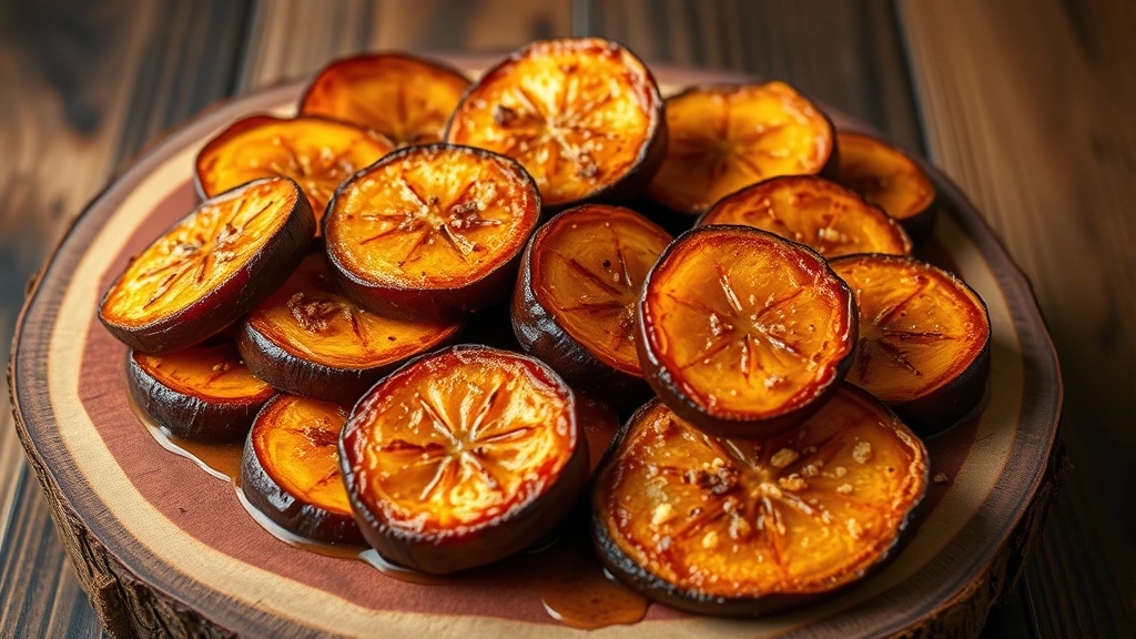 Caramelized maduros plantain slices arranged on rustic wooden board, deep golden-brown color, cinnamon spice visible, steam rising from warm dish