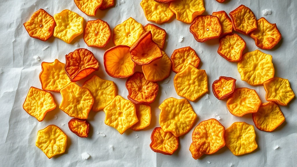 Homemade baked plantain chips scattered on parchment paper, golden-crispy texture, sea salt crystals visible, natural overhead lighting showing translucent golden edges