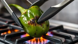 Close-up of charred poblano pepper being held over gas flame with tongs, visible blackened blistered skin, dramatic orange flames in background, professional kitchen setting