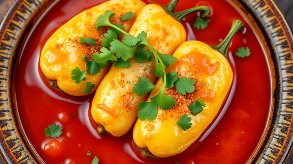 Overhead shot of plated chiles rellenos with golden-puffed egg coating, surrounded by vibrant red tomato sauce, fresh cilantro garnish, steam rising, rustic ceramic plate