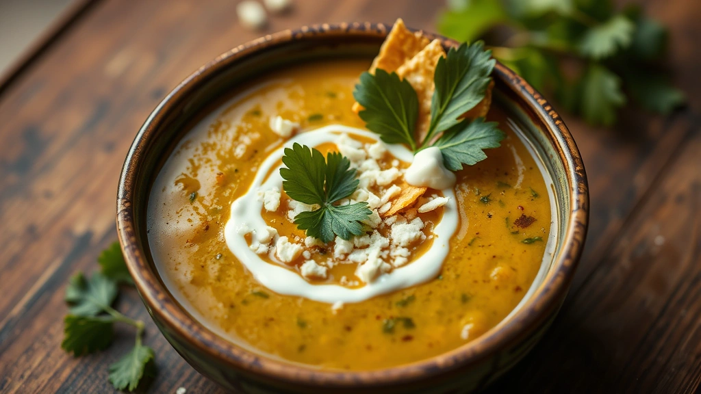 Bowl of creamy poblano soup garnished with crispy tortilla strips, cotija cheese crumbles, cilantro leaf, drizzle of Mexican crema, warm golden lighting, artisan ceramic bowl