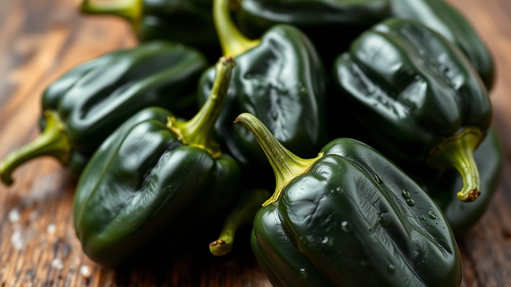 Close-up of fresh dark green poblano peppers with wrinkled skin, arranged on rustic wooden surface with water droplets, professional food photography lighting, shallow depth of field