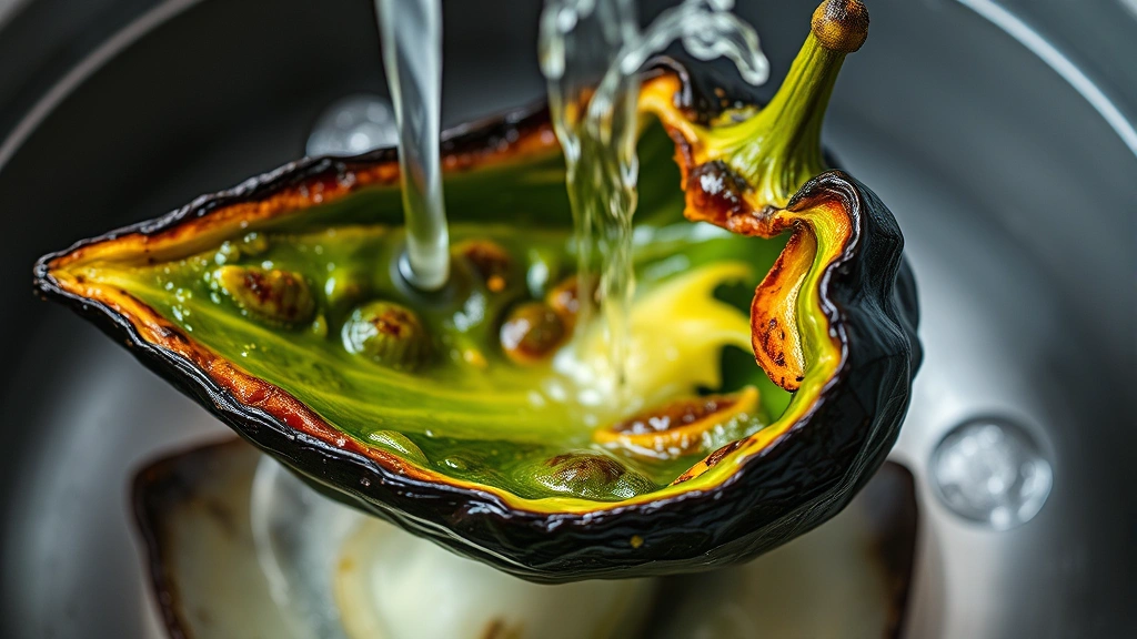 Charred roasted poblano pepper being peeled under running water, showing contrast between blackened exterior and tender green flesh inside, steam rising, detailed texture visible