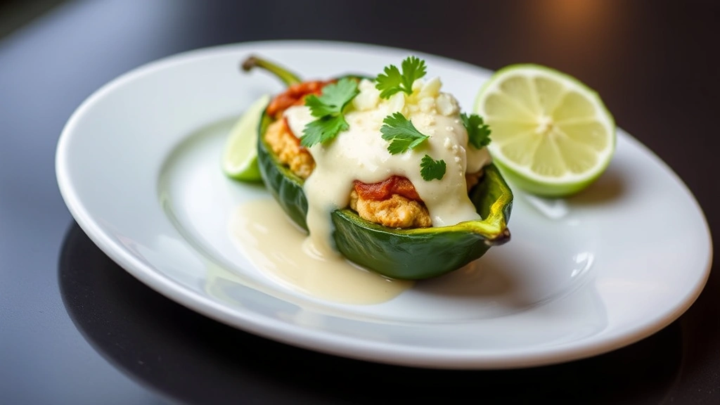 Plated stuffed poblano pepper topped with creamy sauce and fresh cilantro, garnished with queso fresco and lime wedge, served on white plate with dark background, restaurant-style presentation