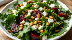 Vibrant fresh spinach and kale salad with roasted beets, pumpkin seeds, and goat cheese crumbles on white ceramic plate, natural daylight, shallow depth of field, appetizing presentation