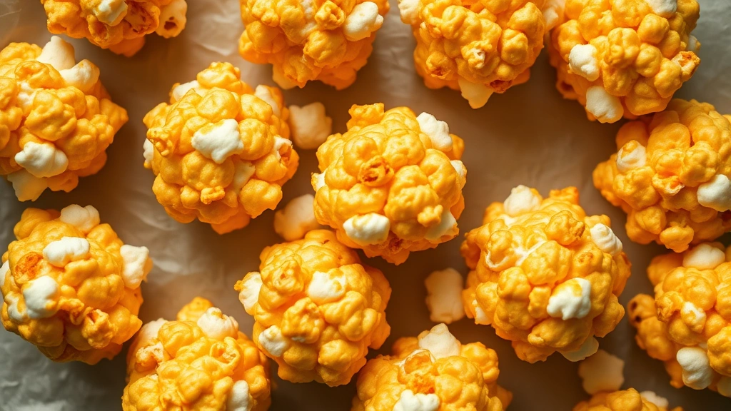 Close-up overhead shot of perfectly golden popcorn balls arranged on wax paper, showing fluffy popcorn texture and glossy marshmallow coating, warm kitchen lighting