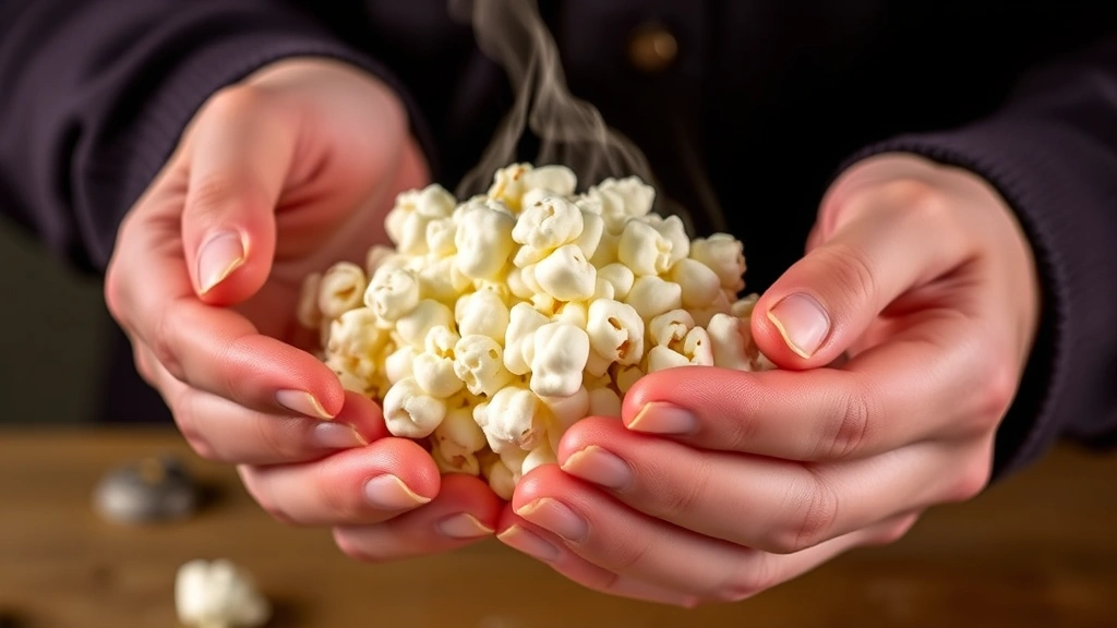 Hands gently shaping warm marshmallow-coated popcorn into a ball, showing proper technique with buttered palms, steam rising slightly from the mixture