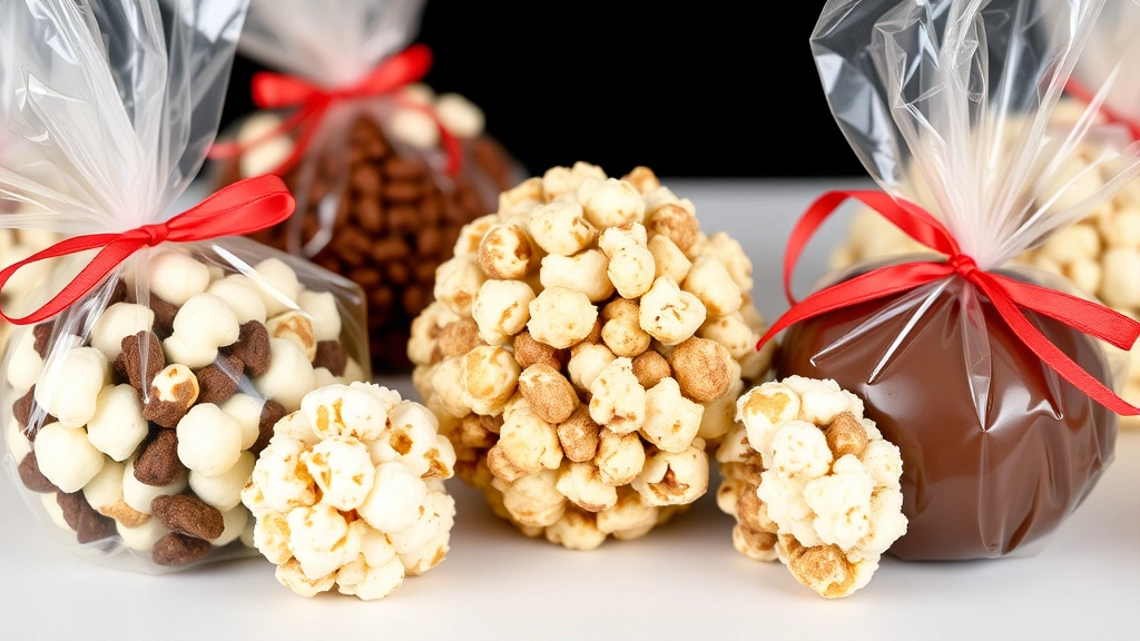 Beautiful display of finished popcorn balls in various flavors including classic, cinnamon, and chocolate varieties, wrapped in cellophane with ribbons for gift presentation