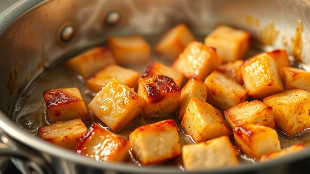 Golden-brown pork cubes seared in a stainless steel pot with caramelized edges, showing perfect browning on a bed of sizzling oil with visible steam rising