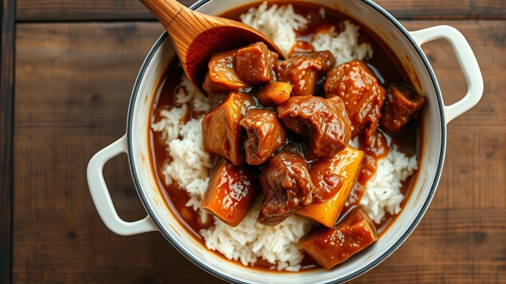 Overhead shot of finished pork adobo served over fluffy white steamed rice on rustic wooden table, with wooden spoon resting in the pot showing thick concentrated sauce clinging to meat