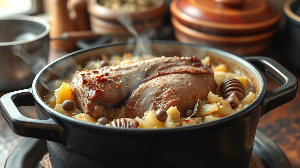 Steaming Dutch oven filled with tender braised pork nestled in tangy sauerkraut with visible caraway seeds and bay leaves, aromatic steam rising, rustic kitchen background