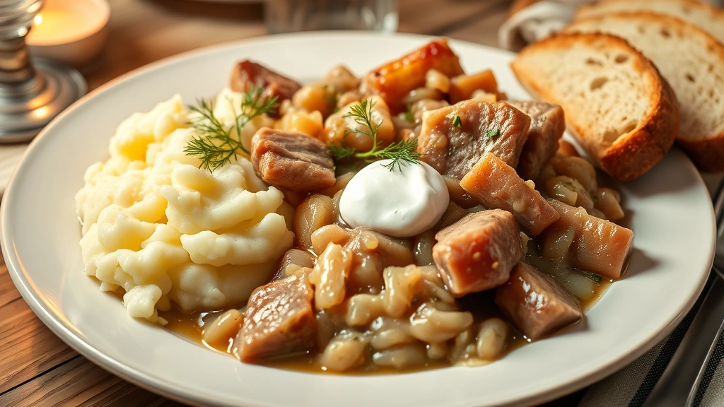 Plated pork and sauerkraut dinner served with creamy mashed potatoes, fresh dill garnish, sour cream dollop, crusty bread on the side, warm candlelit ambiance