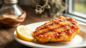 Golden-brown crispy pork cutlet on white plate, steam rising, lemon wedge beside it, shallow depth of field, professional food photography, natural window lighting