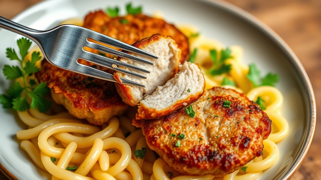 Plated crispy pork cutlets with buttered egg noodles and fresh parsley garnish, fork cutting into golden crust revealing juicy interior, warm ambient lighting, appetizing food styling