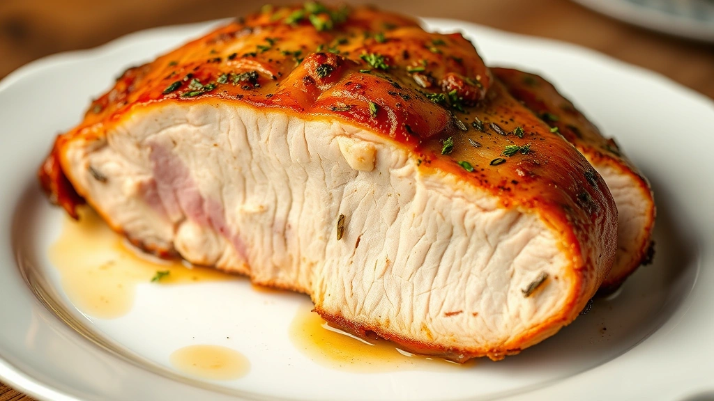 Golden-brown perfectly roasted pork loin with herbs, sliced to show juicy pink interior, resting on white porcelain plate with pan drippings