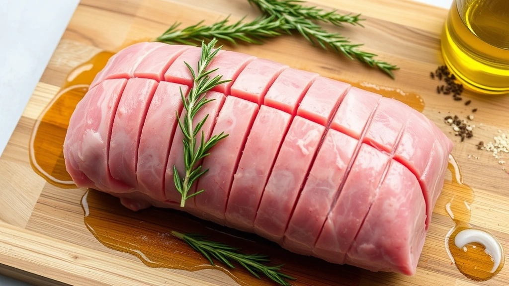 Raw pork loin loin scored in crosshatch pattern with fresh rosemary and thyme sprigs placed in cuts, on wooden cutting board with oil and seasonings nearby