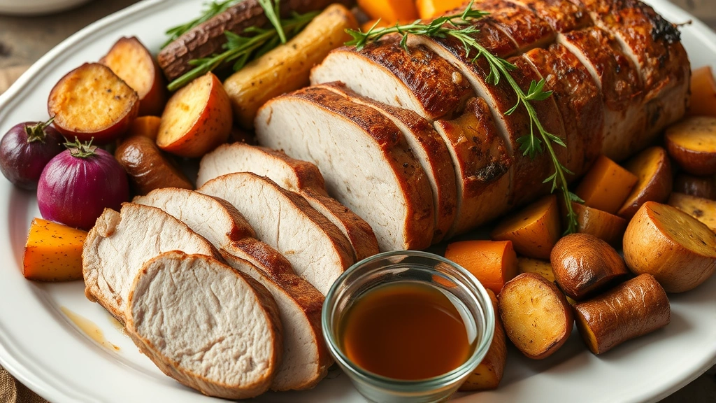 Sliced pork loin roast arranged on serving platter with roasted root vegetables, pan sauce in small bowl, fresh herbs as garnish