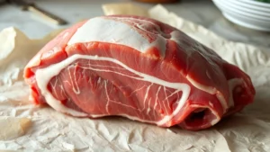 Raw pork shoulder roast with scored fat cap on butcher paper, visible marbling and white fat layer, natural kitchen lighting, close-up detail shot