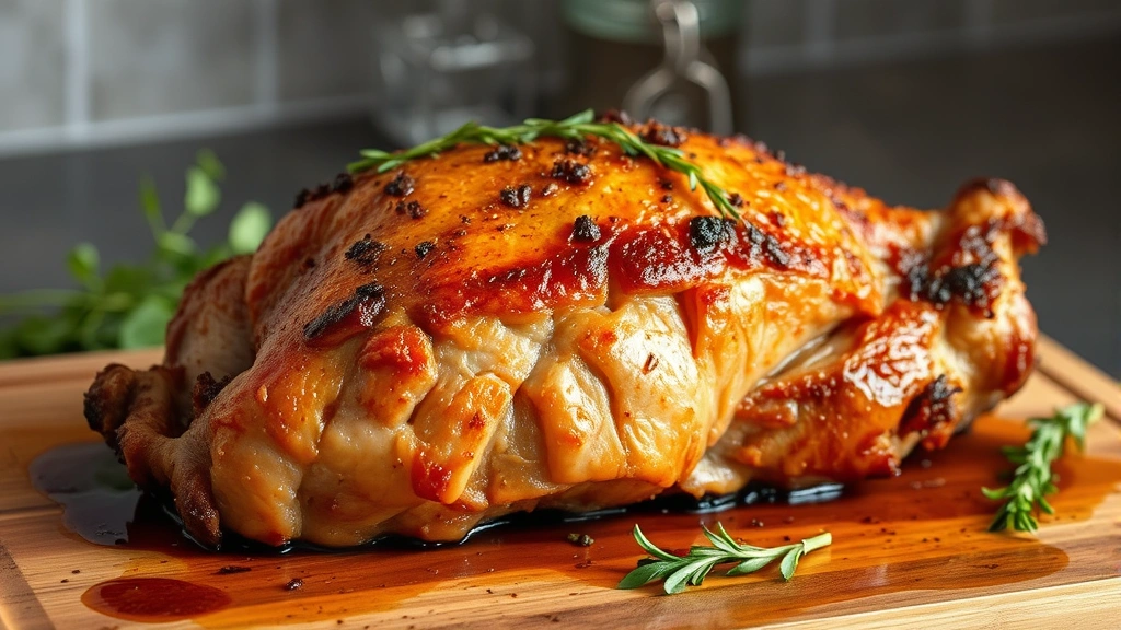 Golden-brown roasted pork shoulder with crispy exterior skin, resting on carving board with fresh herbs and pan drippings visible, steam rising gently