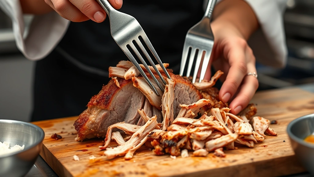 Chef's hands shredding tender cooked pork shoulder with two forks, meat pulling apart easily showing juicy texture, professional kitchen environment