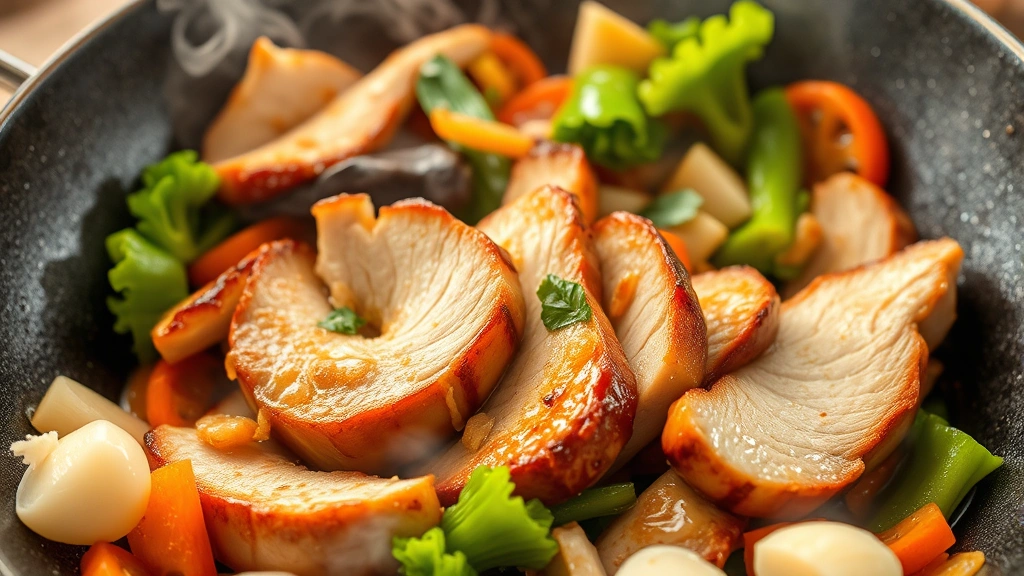 Golden-brown sliced pork tenderloin pieces with crispy edges in a hot wok, steam rising, surrounded by vibrant fresh vegetables and aromatic ginger and garlic