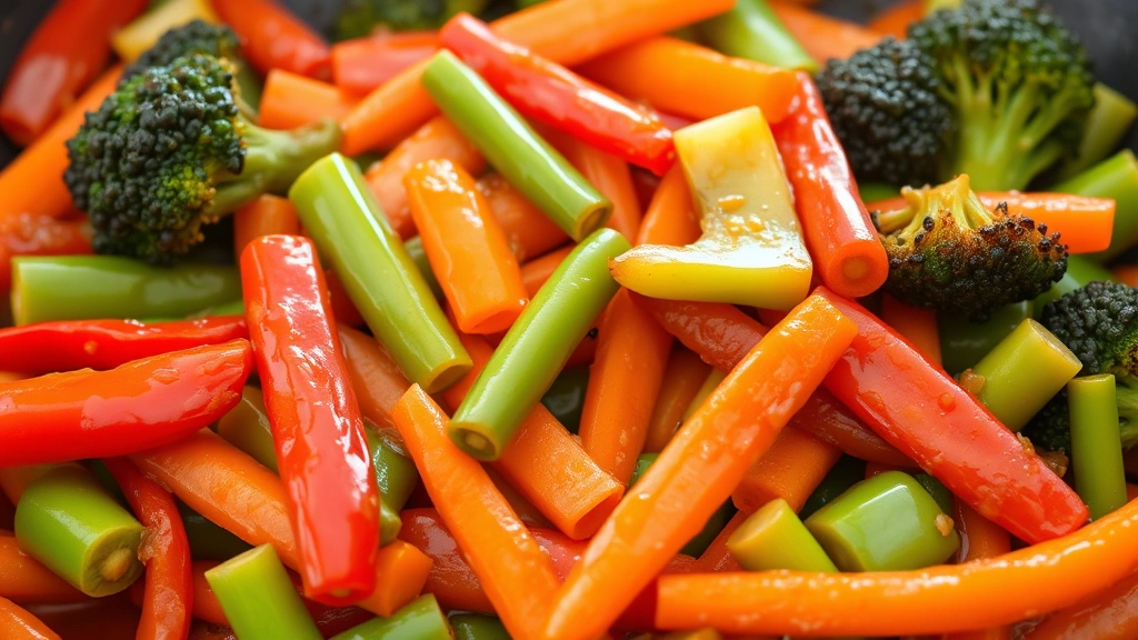 Colorful stir-fried vegetables including bright red bell peppers, green snap peas, orange carrots, and dark green broccoli florets, all glistening with glossy sauce coating