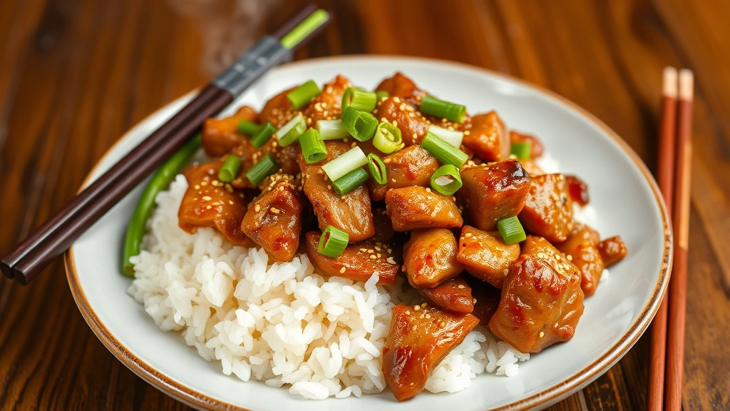 Finished pork stir fry plated over white jasmine rice, garnished with fresh green onions and sesame seeds, with chopsticks beside the plate, steaming hot