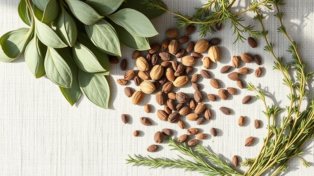 Overhead flat lay of whole dried sage leaves, thyme sprigs, rosemary, peppercorns, and marjoram scattered on natural linen fabric with warm sunlight, artisanal spice composition